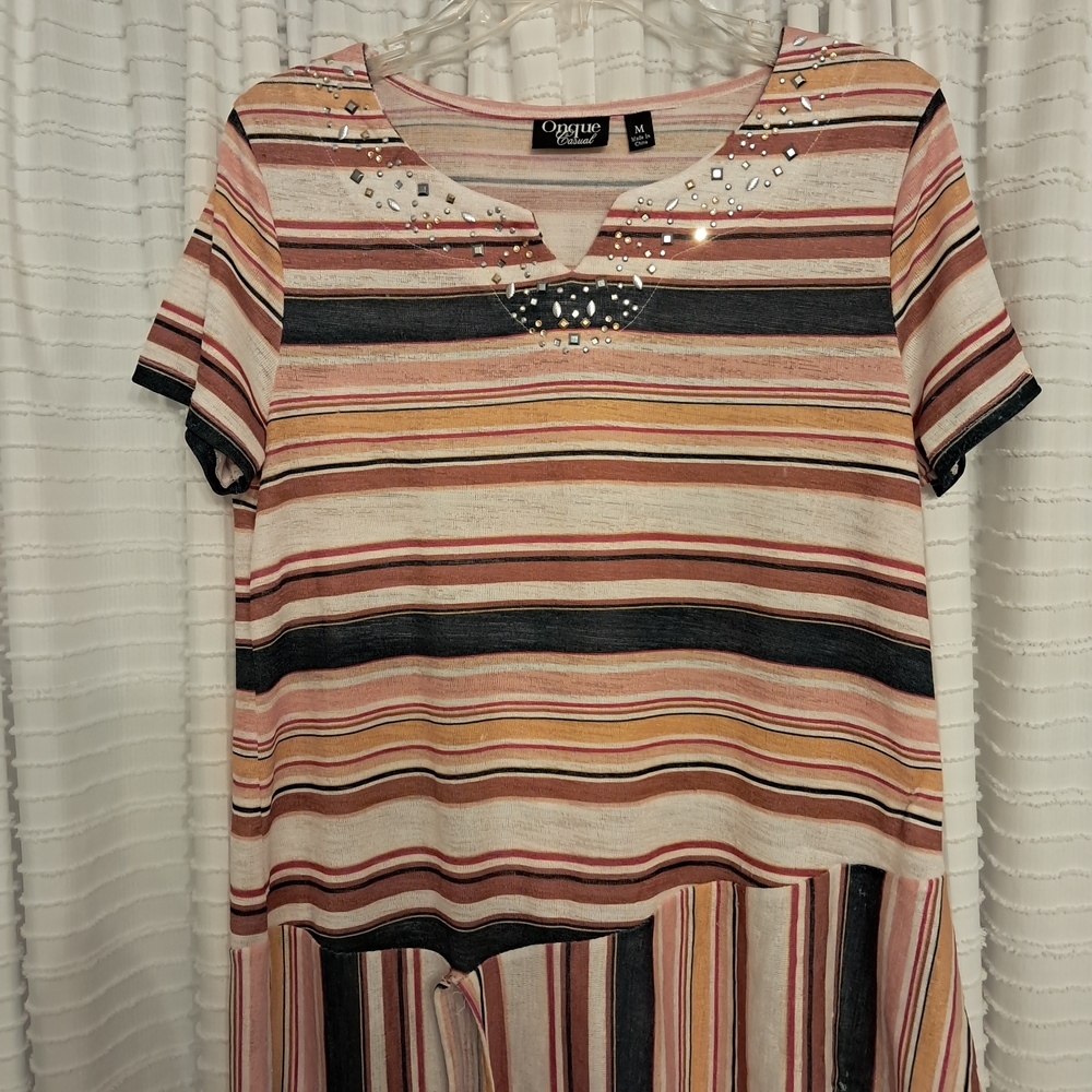 Onque Casuals Pink Multi-Stripe Short Sleeve Top with Stud Accents